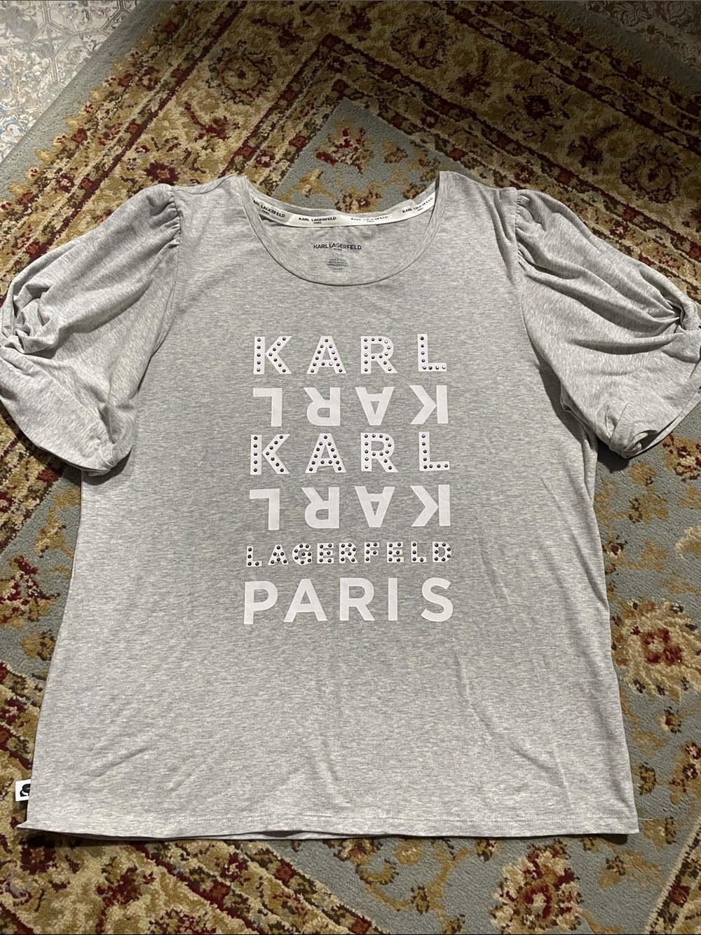 Karl Lagerfeld Lady’s Light Gray Logo Tee with Puff Sleeves